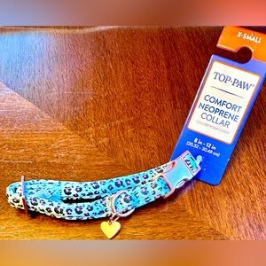 NWT DOG COLLAR - COMFORT NEOPRENE LEOPARD TEAL BLUE X SMALL W/ HOLE FOR LEASH